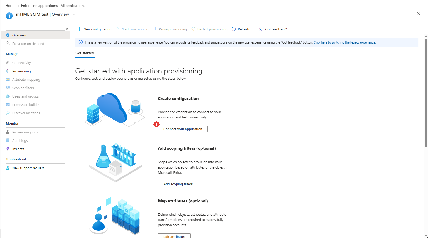 First-time provisioning — Connect your application opens the Connectivity page