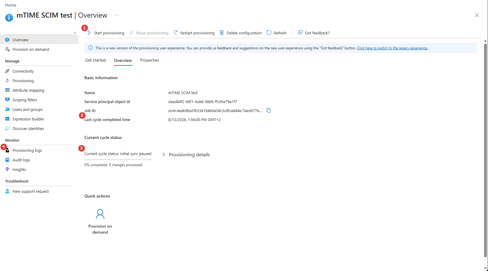 The provisioning overview: start, pause and restart in the toolbar; the cycle status and last completed time below