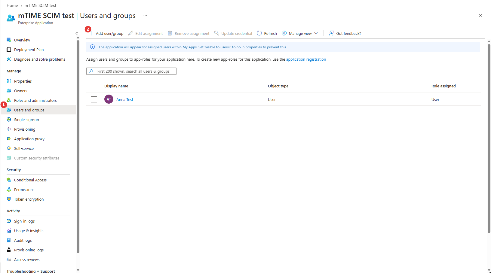 The application's assignment list — what the provisioning job covers