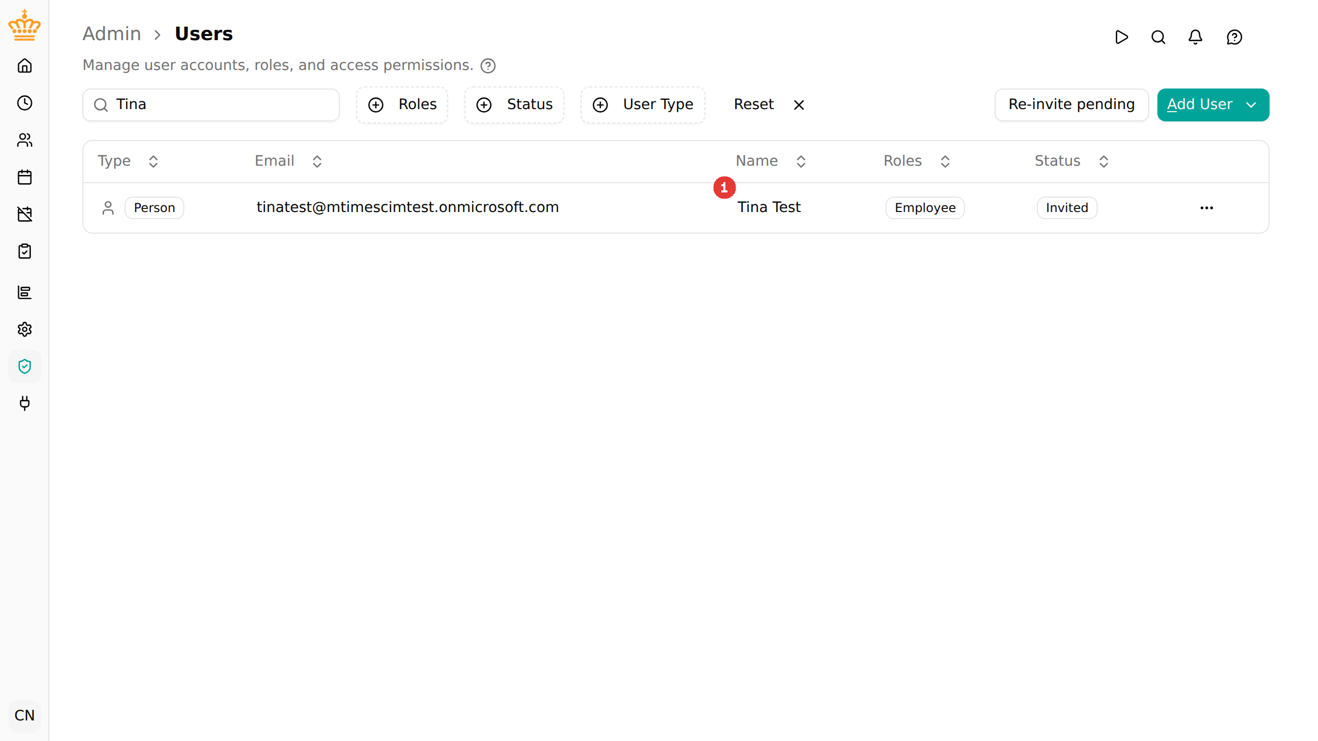 The provisioned user in mTime: invited, with the employee role