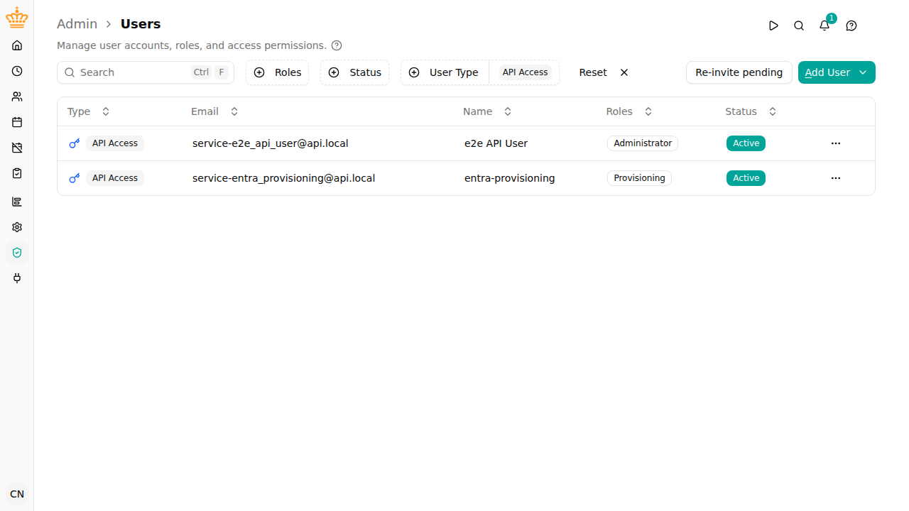 The provisioning service user in the users list