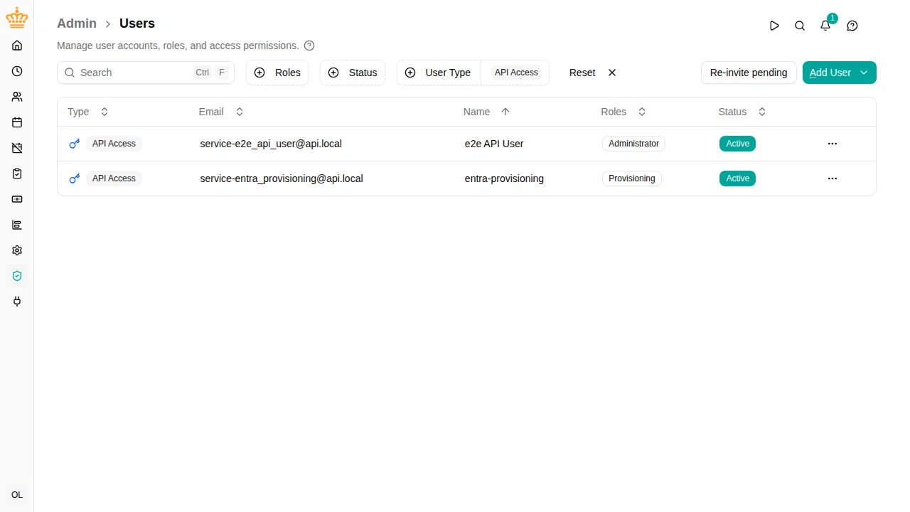 The provisioning service user in the users list