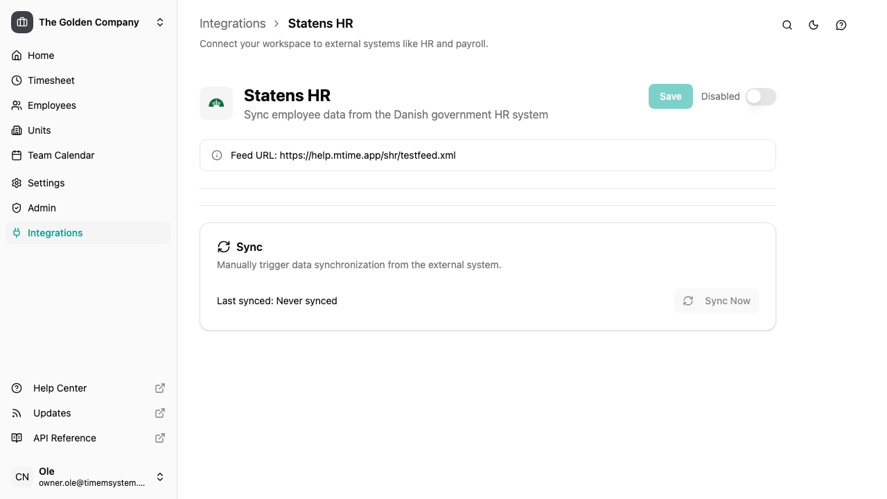 SHR integration detail page