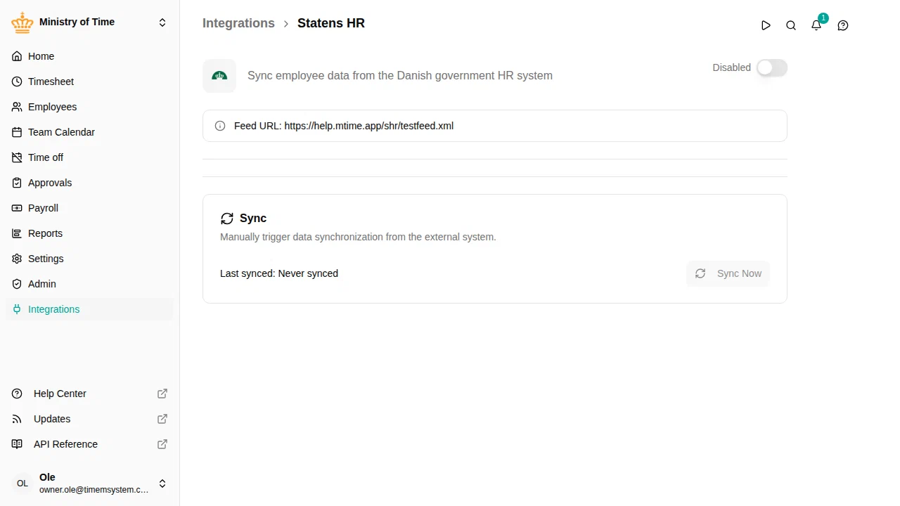 SHR integration detail page