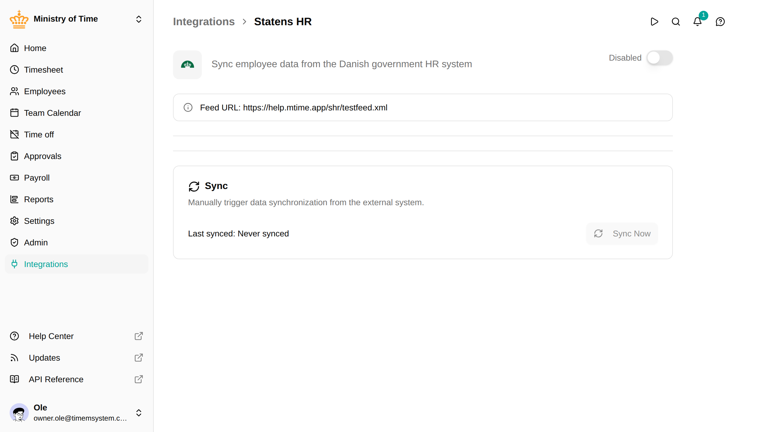 SHR integration detail page
