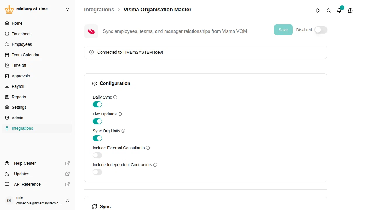 VOM integration detail page