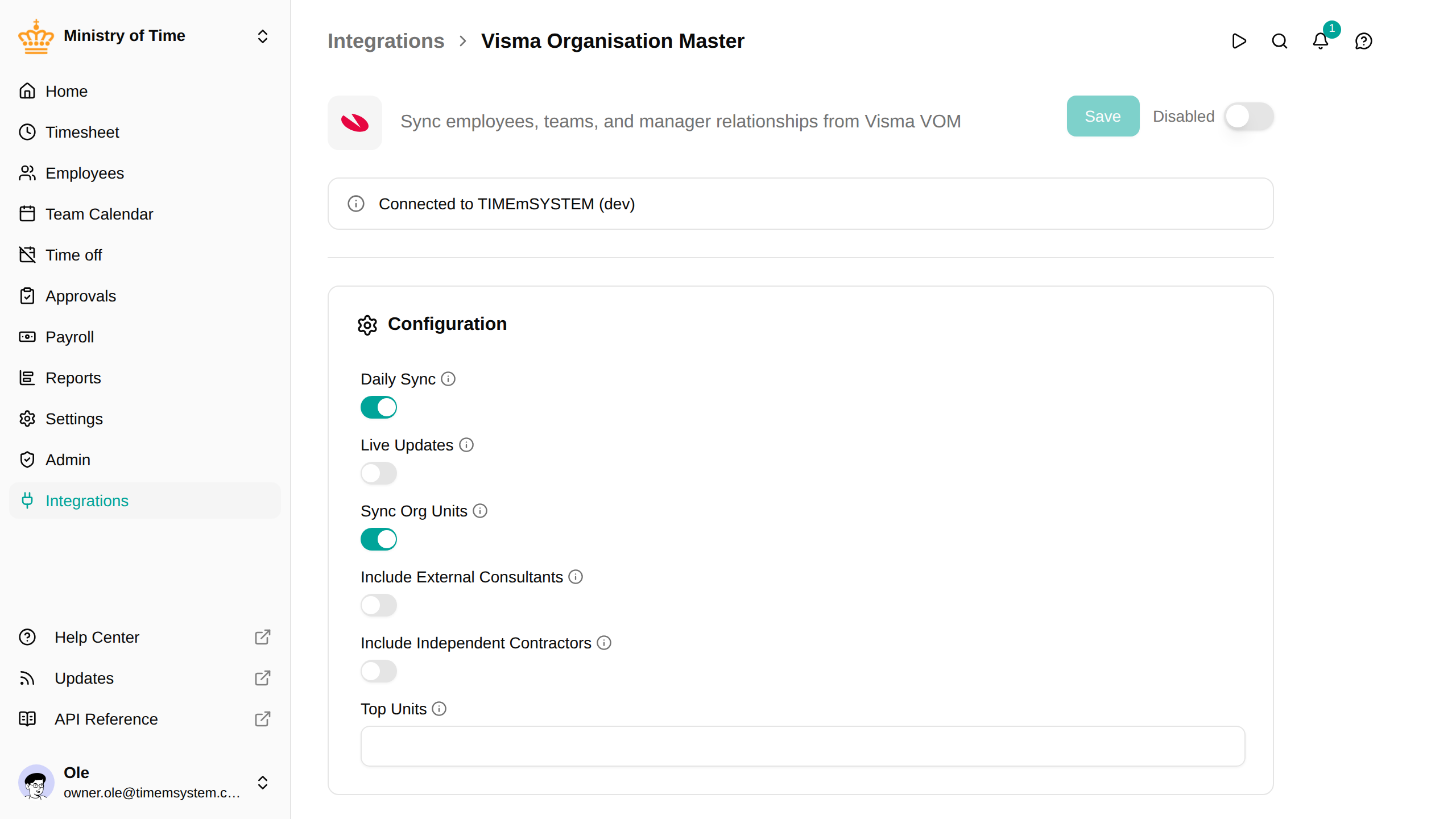 VOM integration detail page