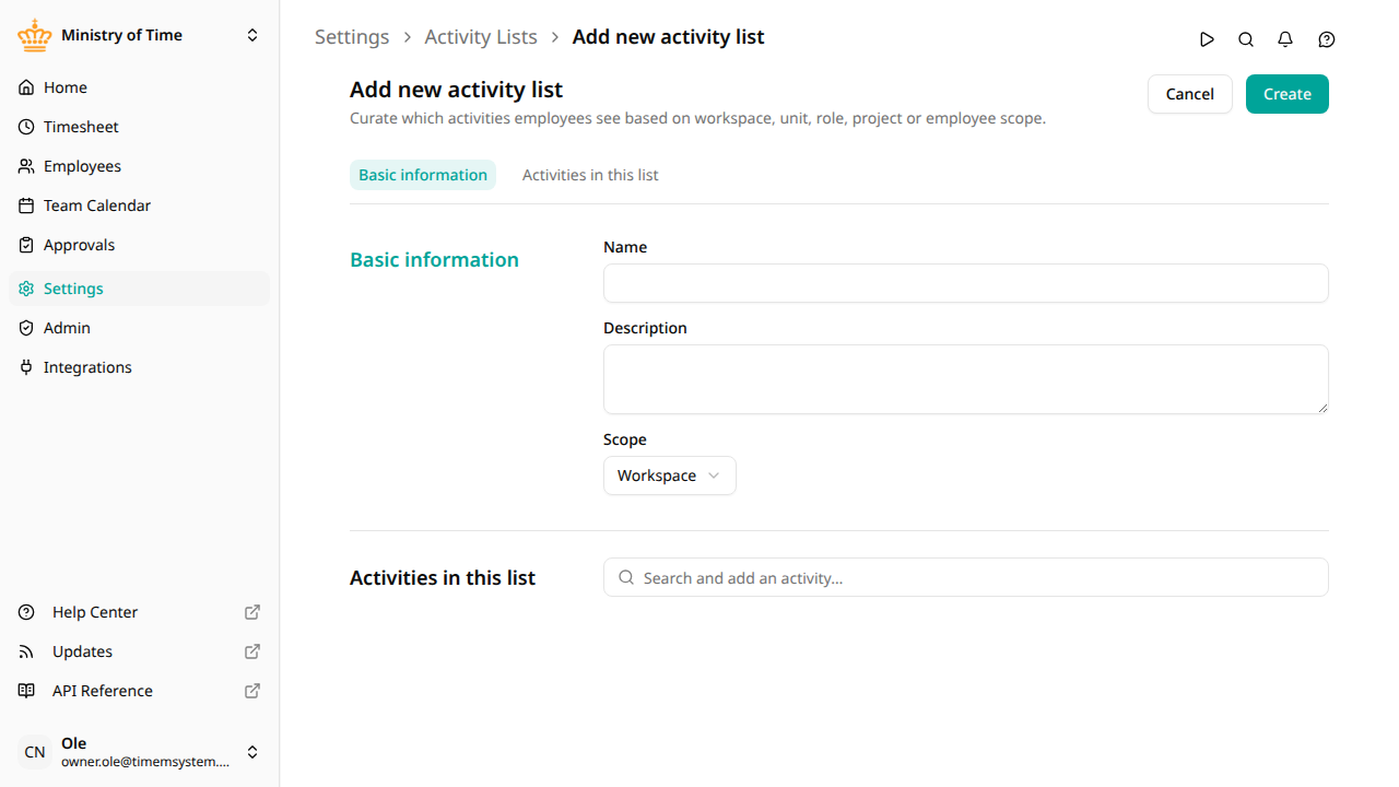 The activity list editor showing scope and the activity picker