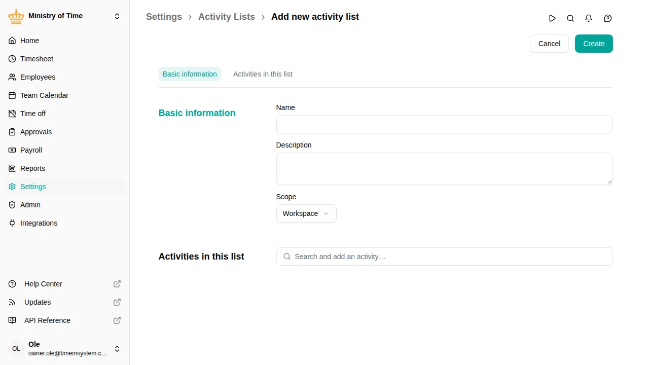 The activity list editor showing scope and the activity picker