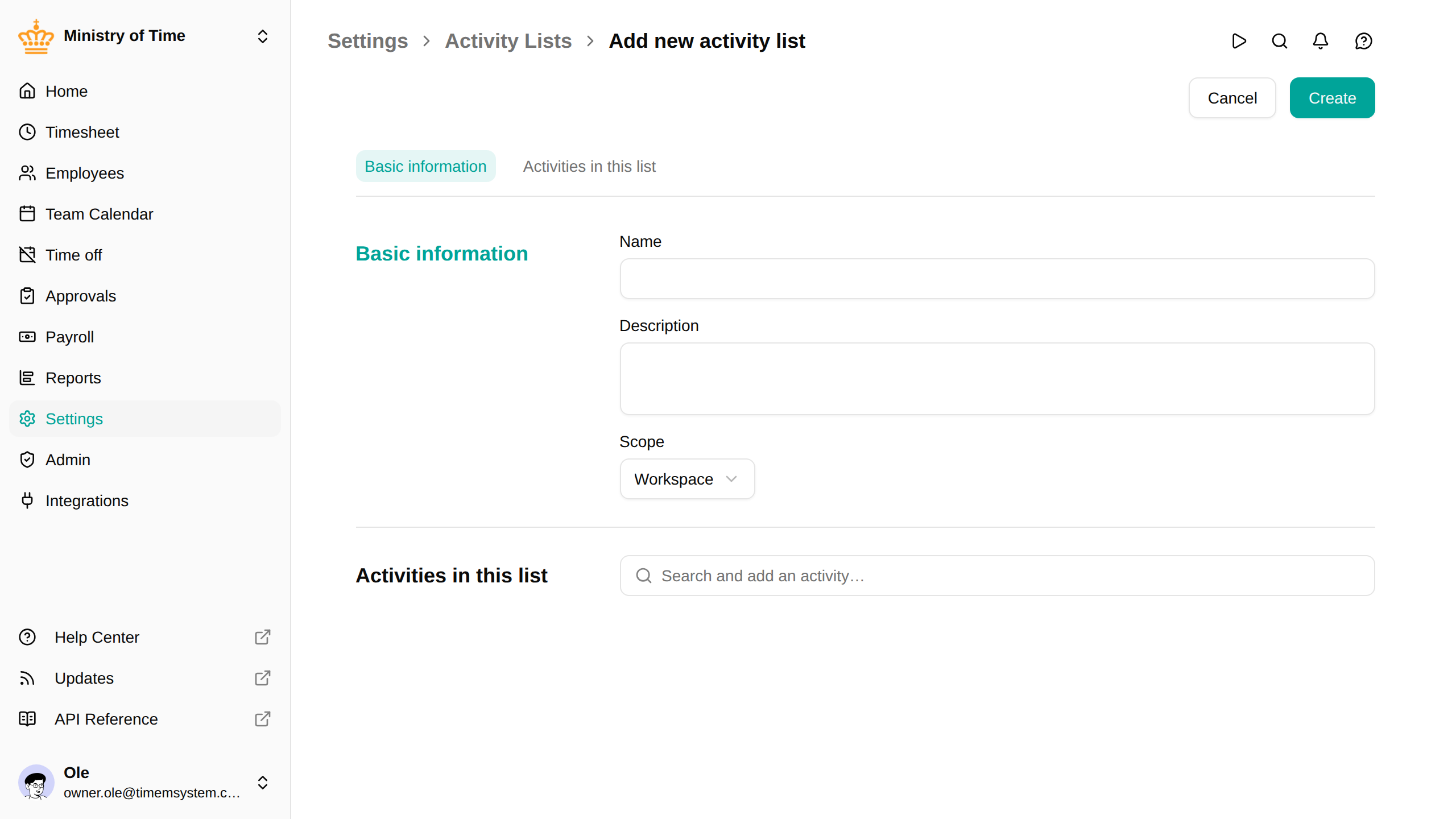 The activity list editor showing scope and the activity picker