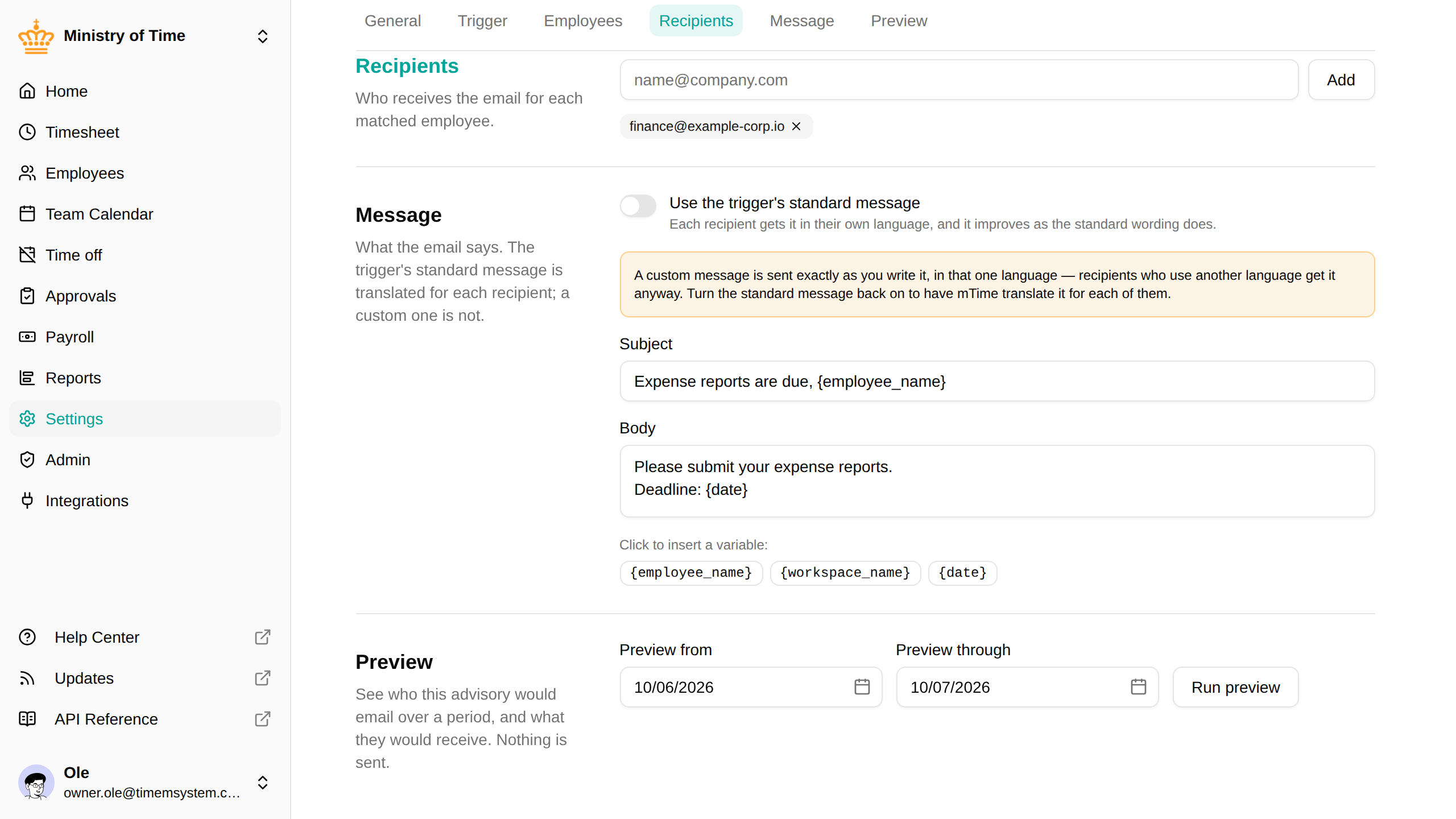 Advisory message with variables