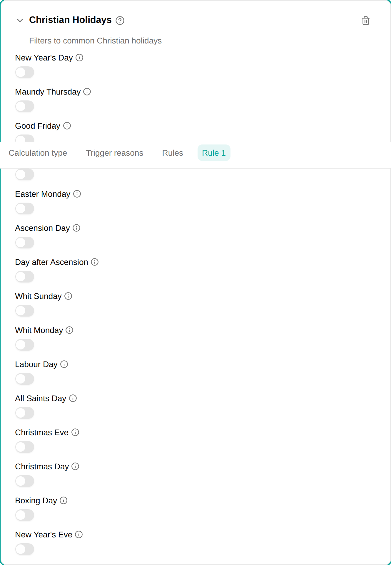 Christian Holidays filter configuration