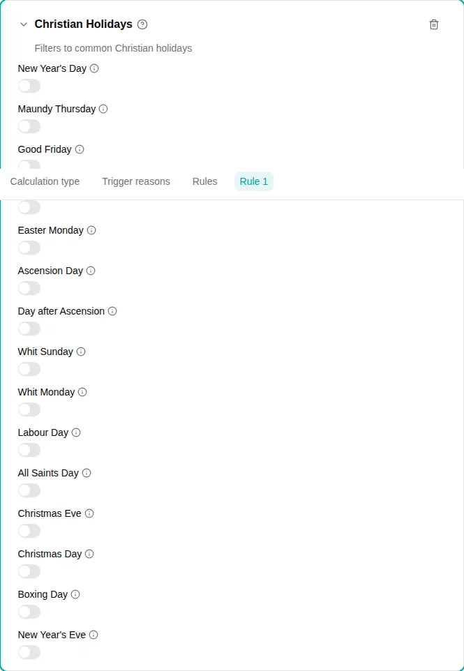Christian Holidays filter configuration