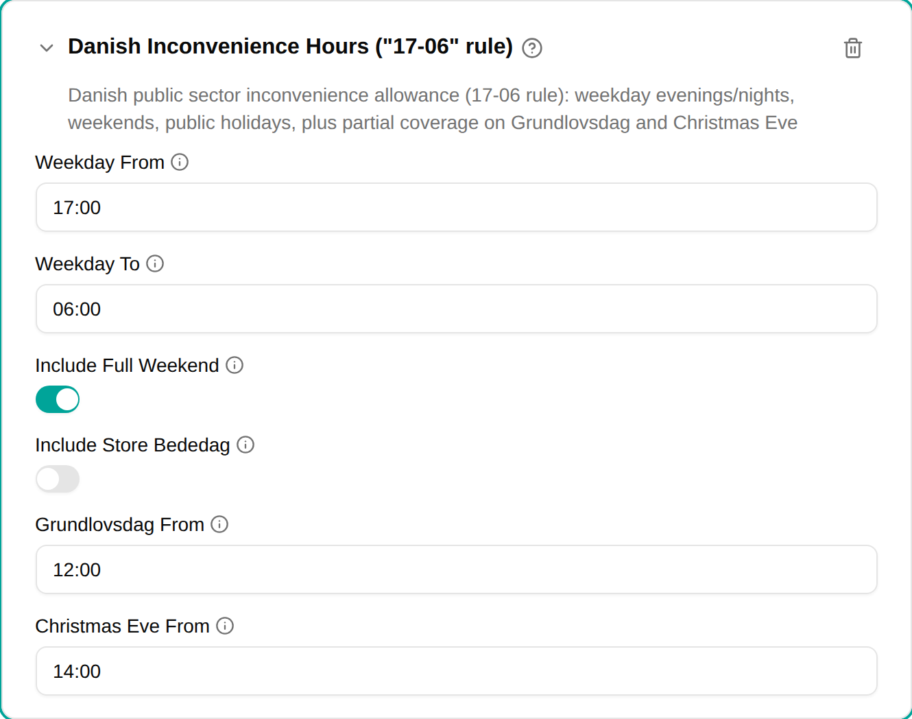 Danish Inconvenience Hours filter configuration