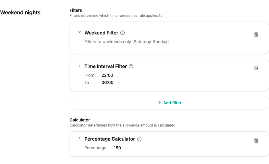 Rule editor showing two filters and a percentage calculator