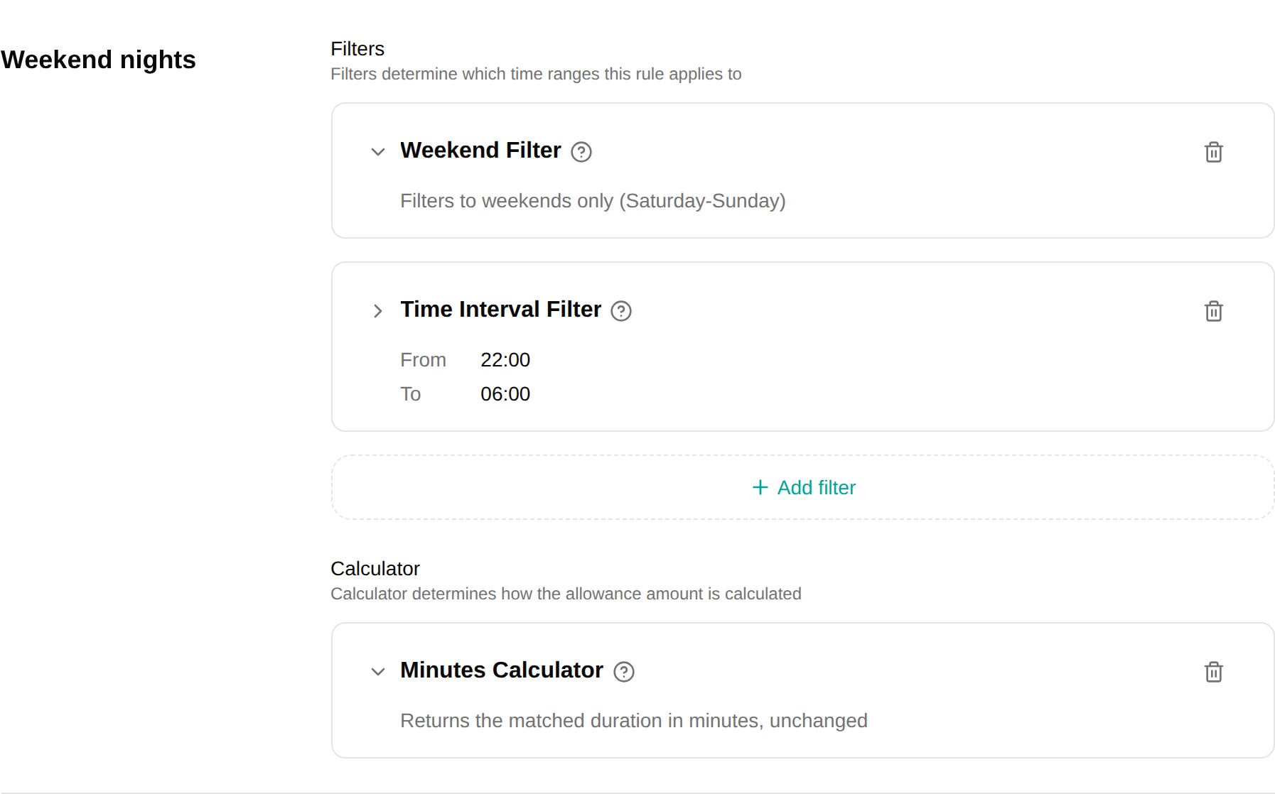 Rule editor showing two filters and a calculator