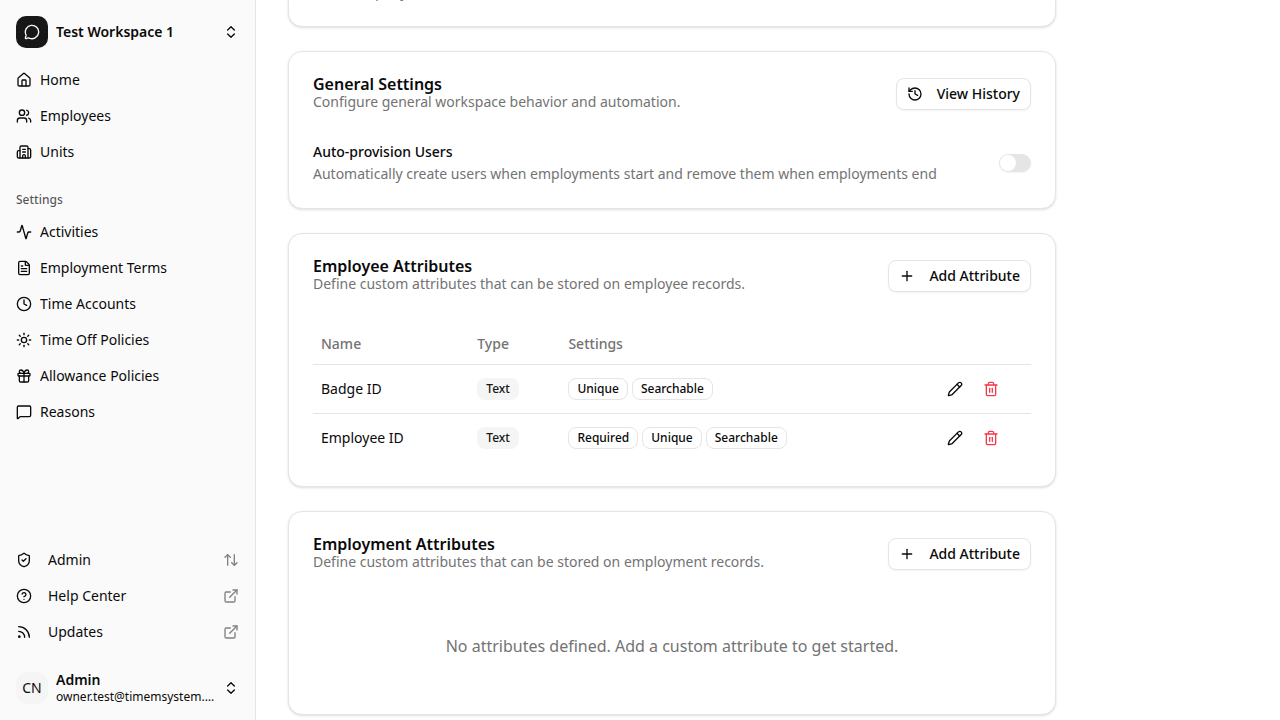 Workspace settings with custom attributes