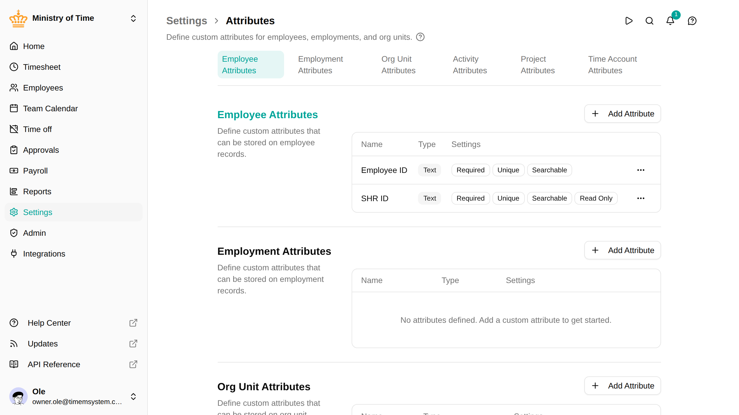 The attributes settings page with custom attributes