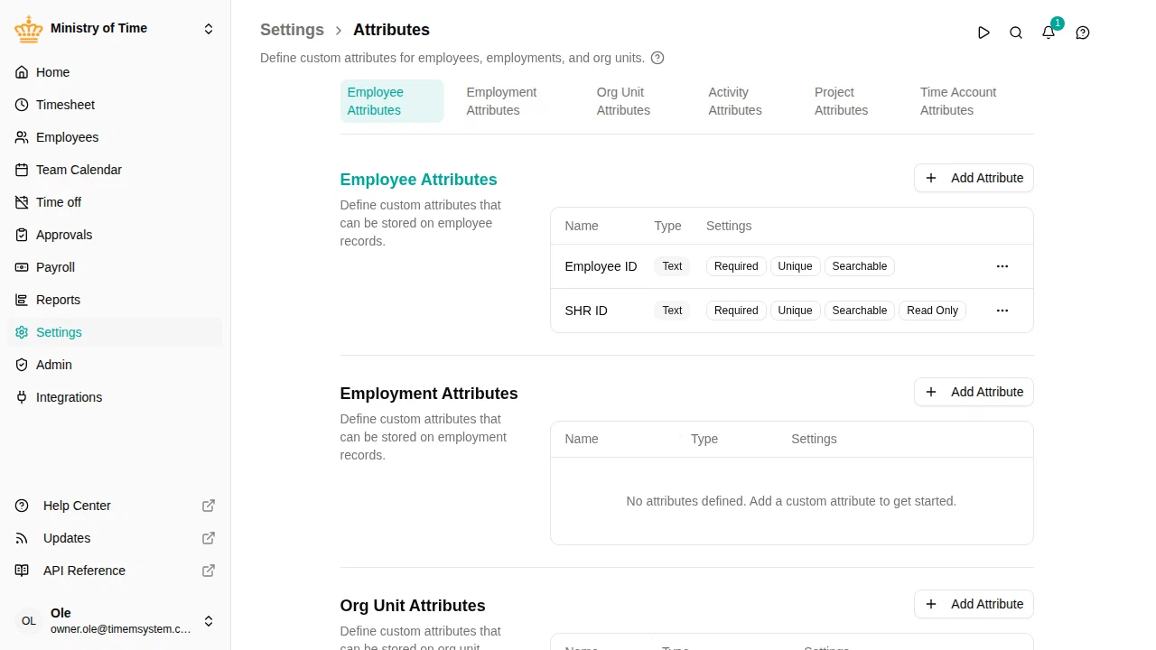 The attributes settings page with custom attributes