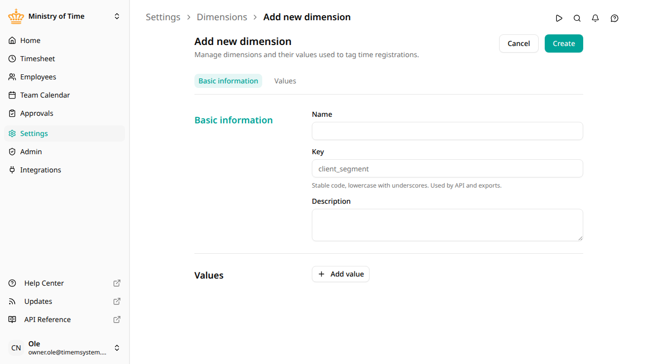 The dimension editor with basic information and values