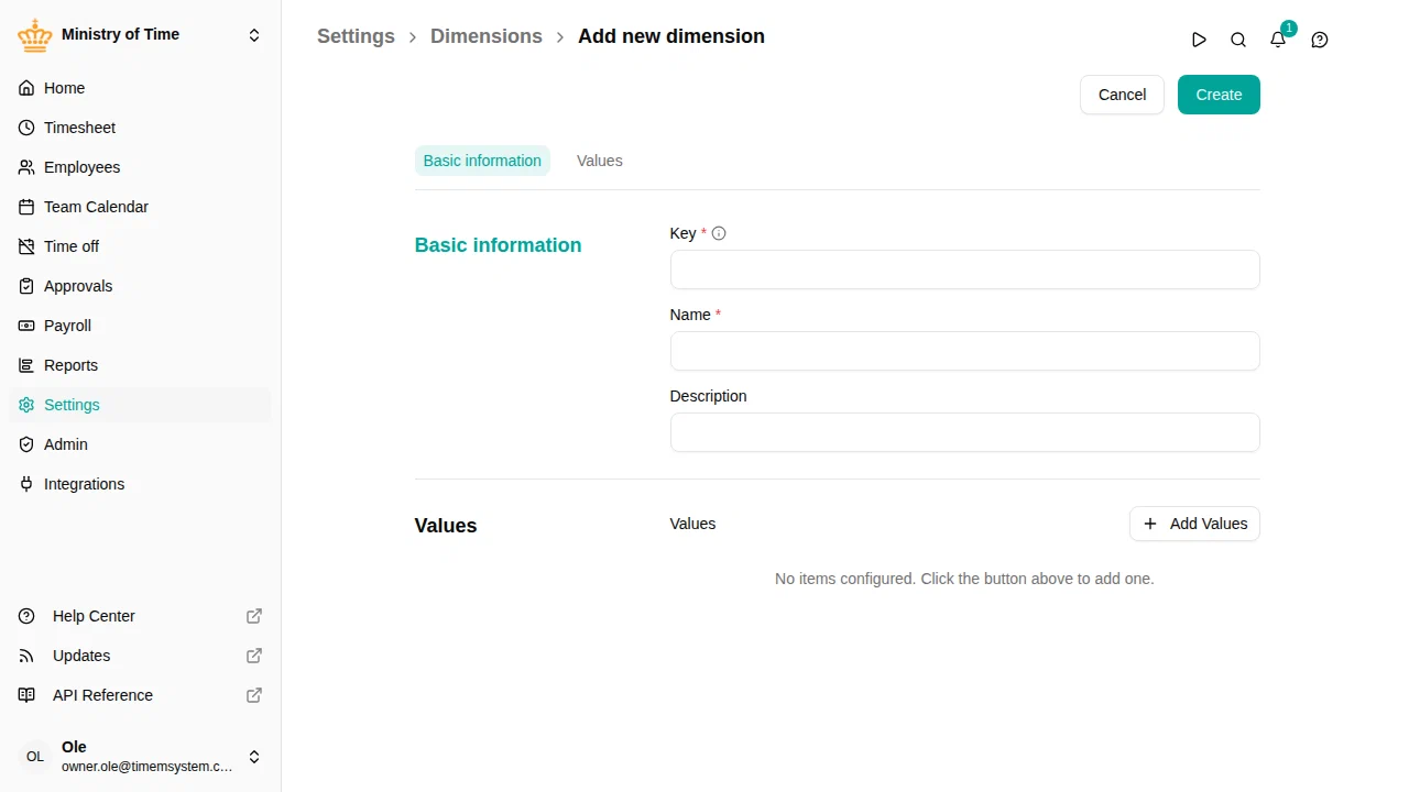 The dimension editor with basic information and values