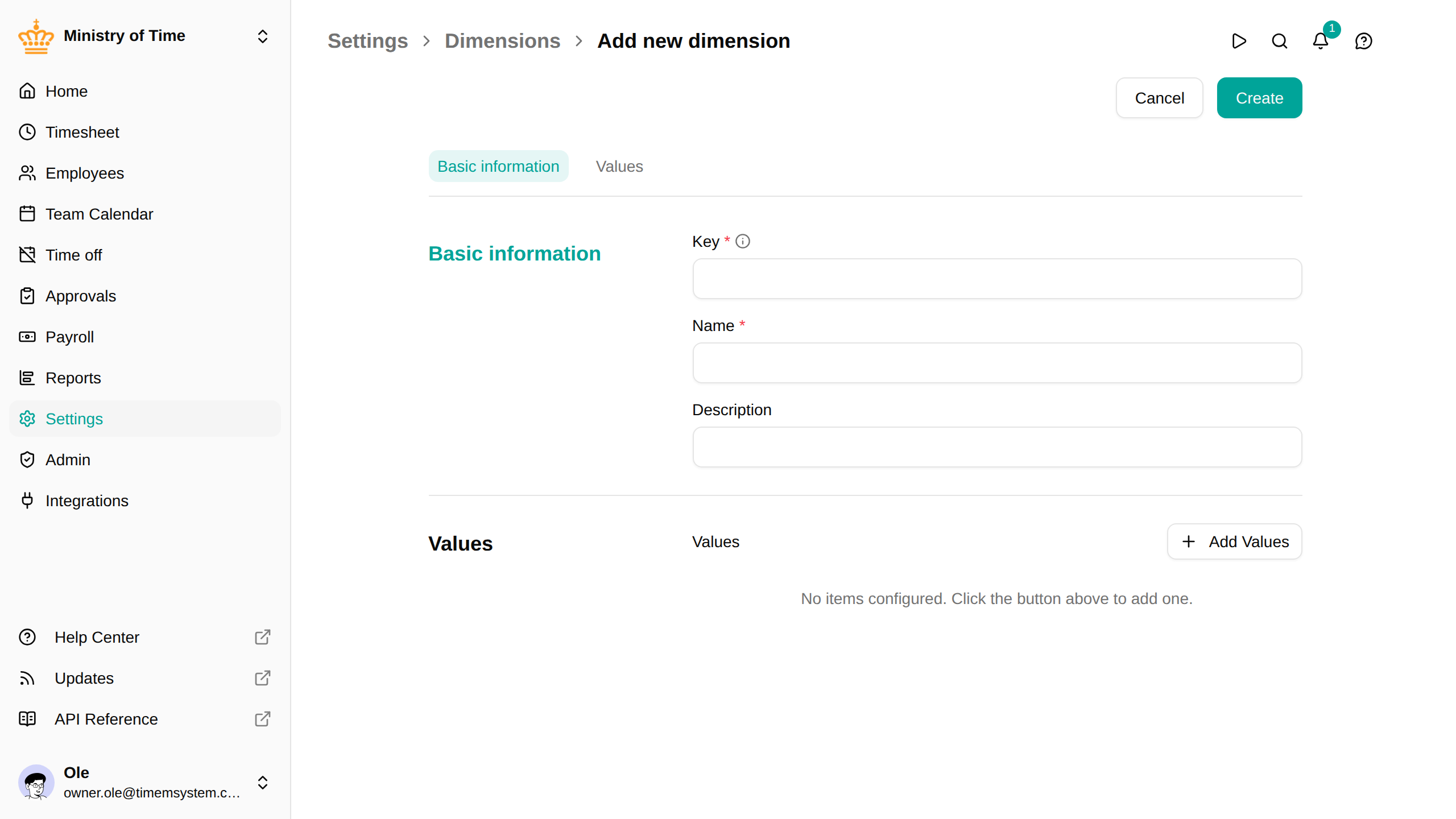The dimension editor with basic information and values