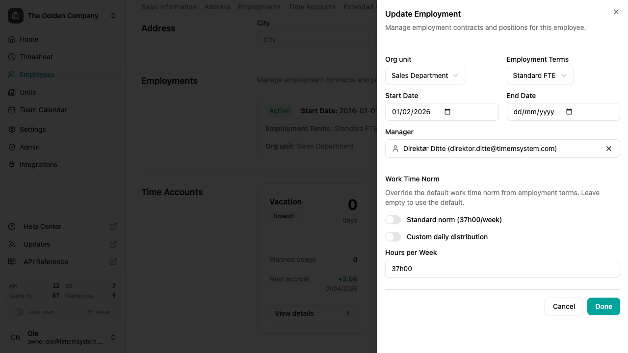 Employee employment work time norm override