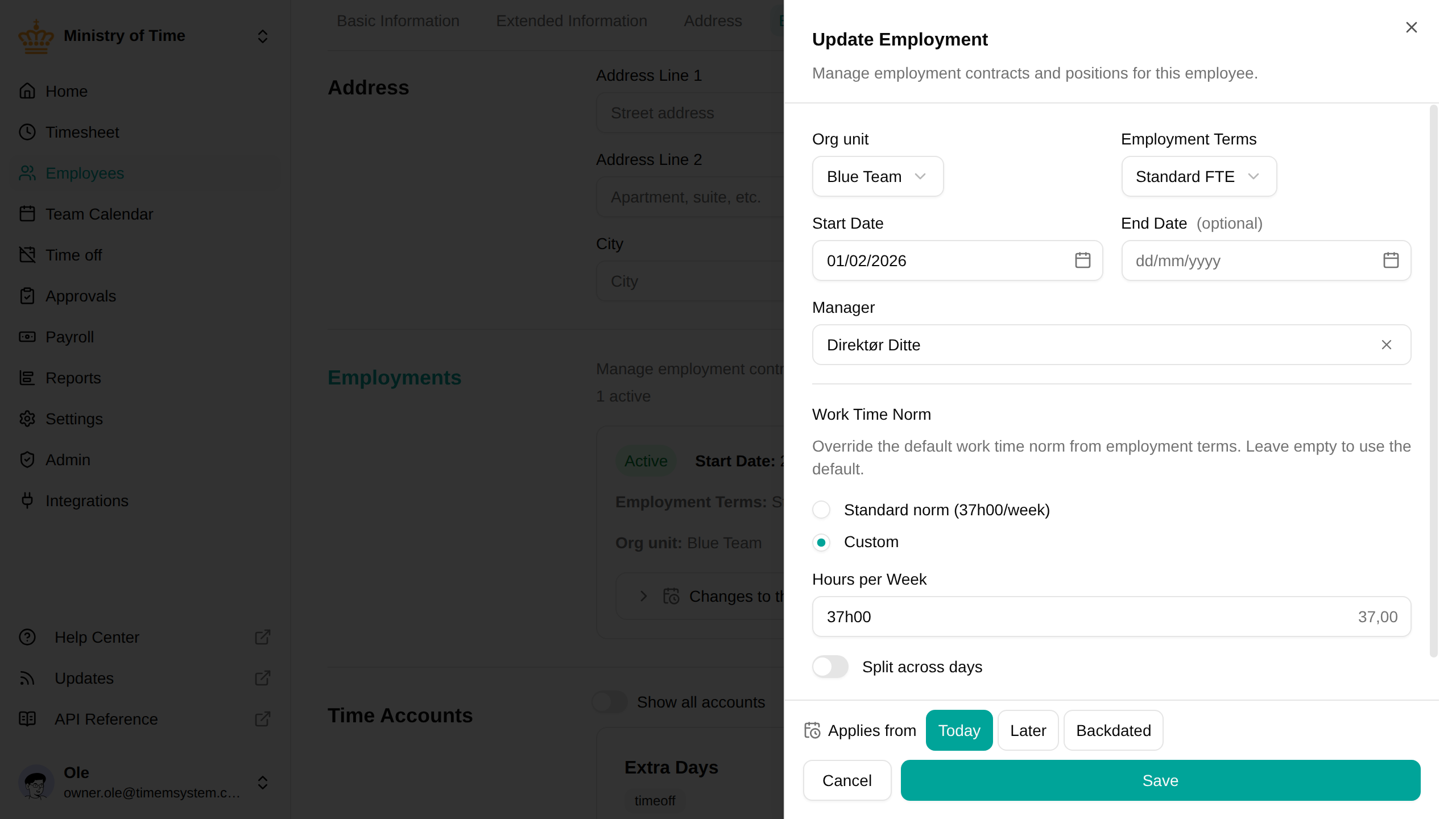 Employee employment work time norm override