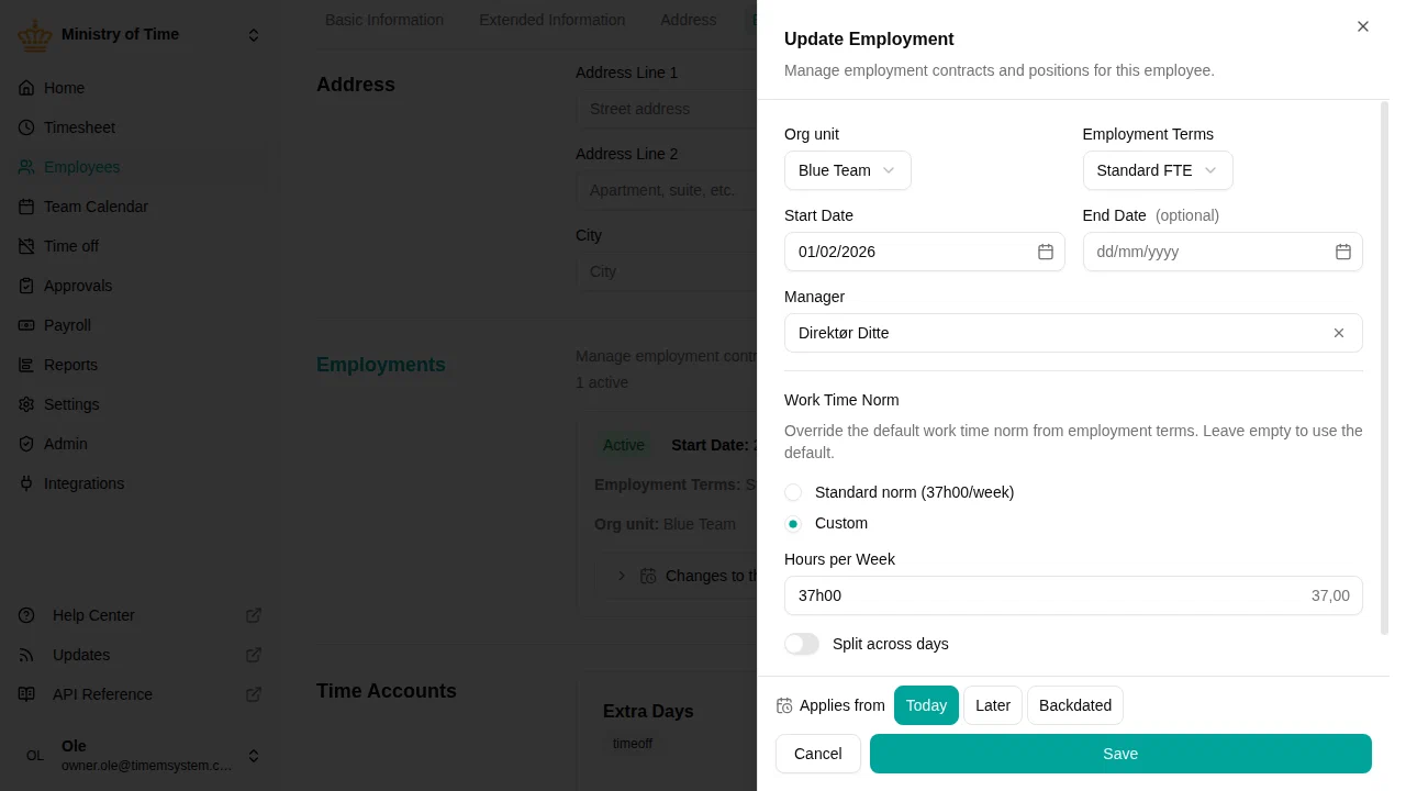Employee employment work time norm override