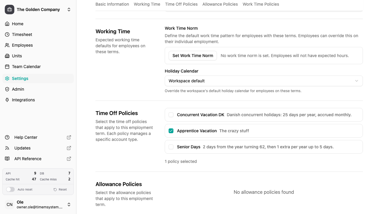 Employment terms working time section with default work time norm