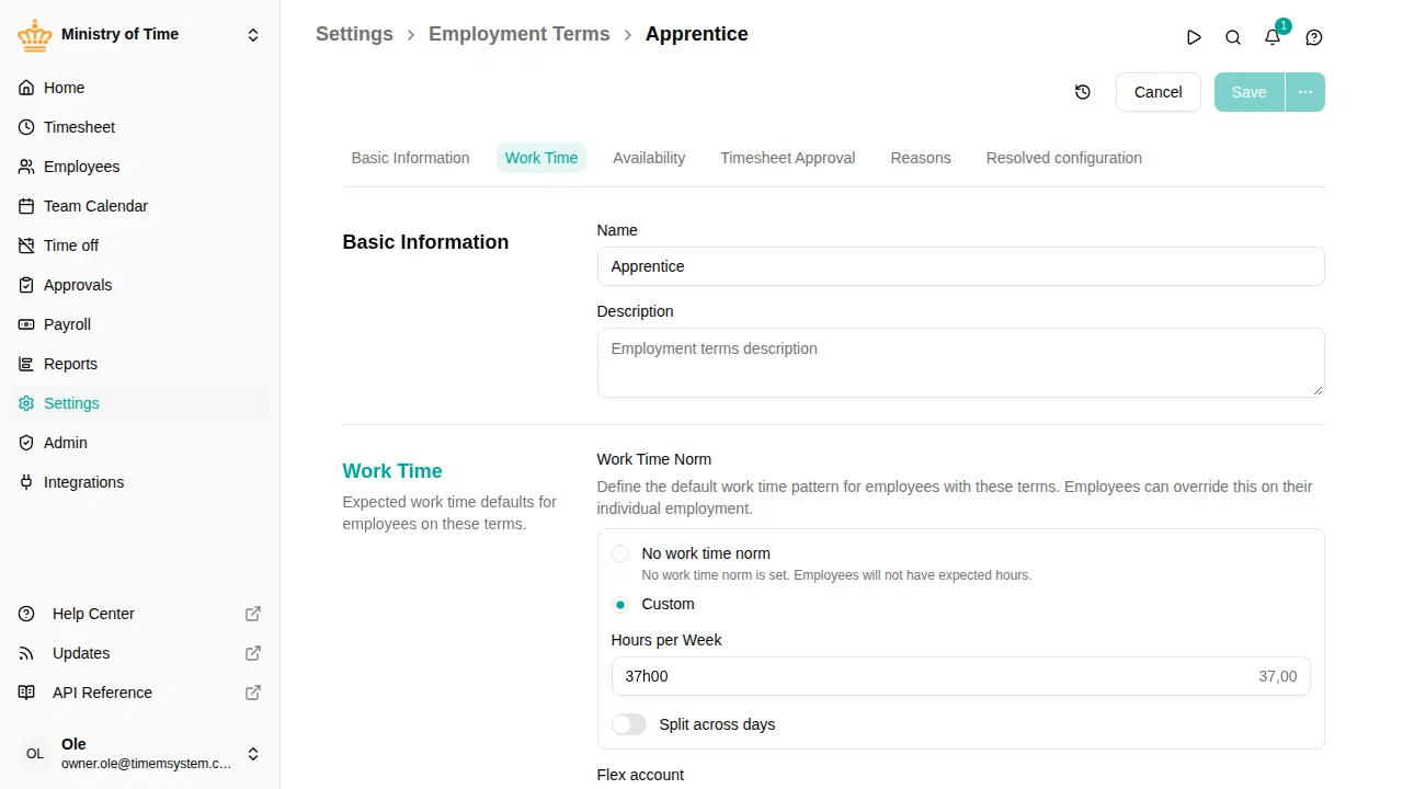 Employment terms working time section with default work time norm