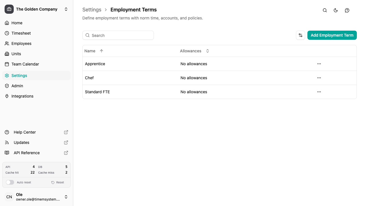 Employment terms list with actions for add, edit, copy, history, and delete
