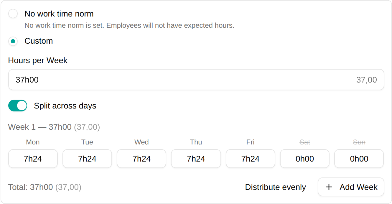 Work time norm split across days