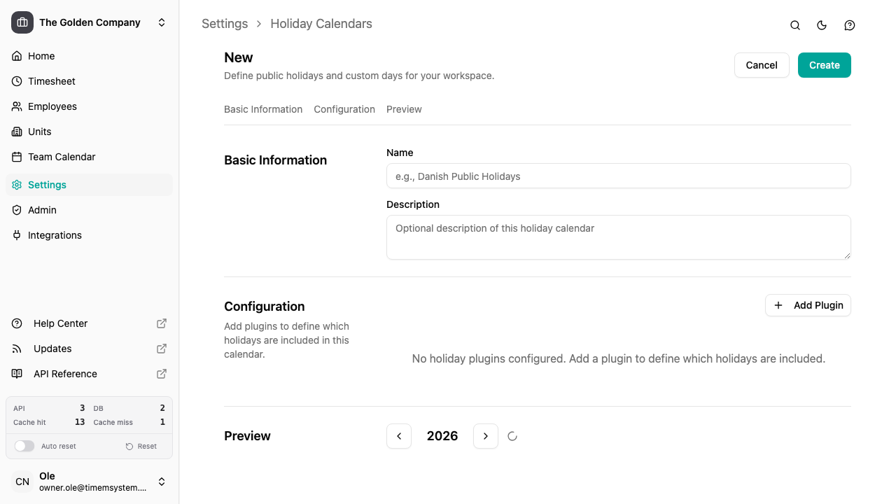 Holiday calendar configuration form with plugins and preview