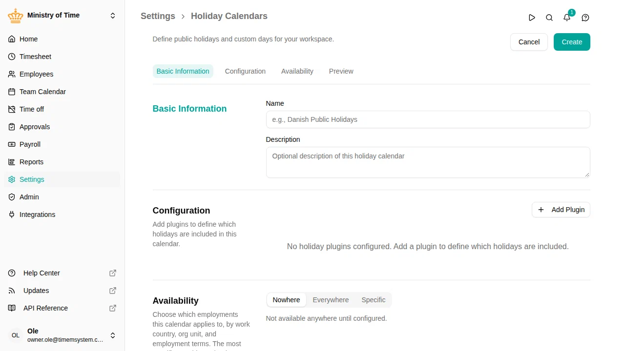 Holiday calendar configuration form with plugins and preview
