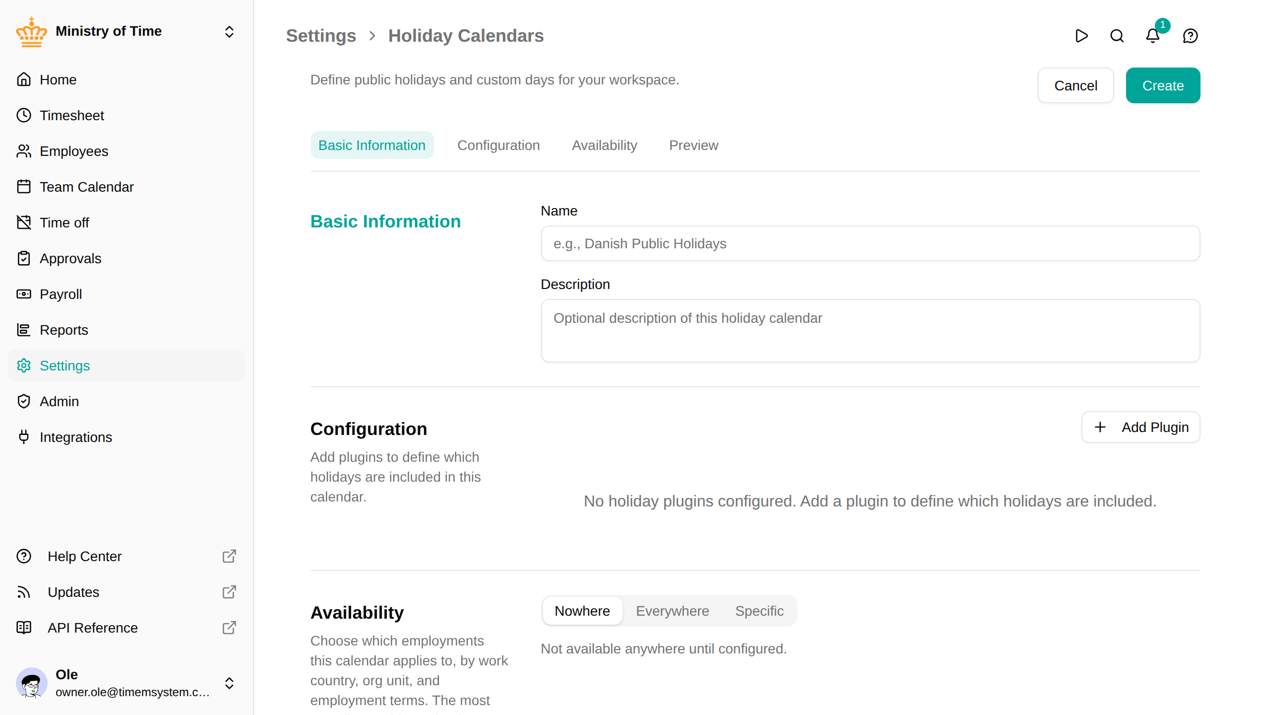 Holiday calendar configuration form with plugins and preview