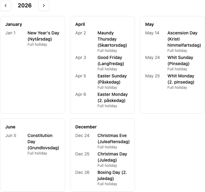 Preview section showing Danish public holidays