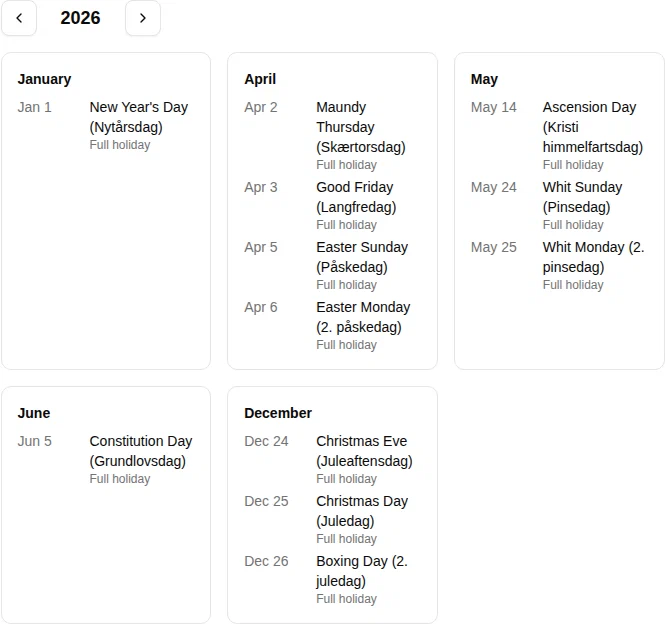 Preview section showing Danish public holidays