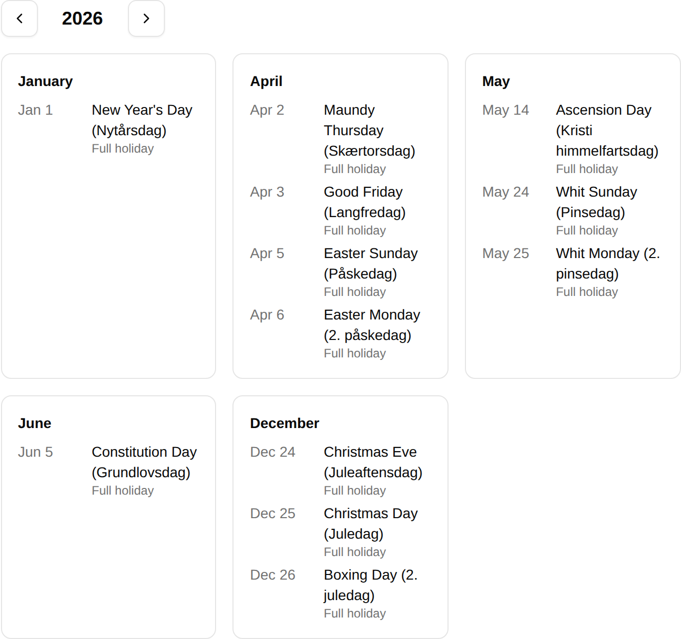 Preview section showing Danish public holidays