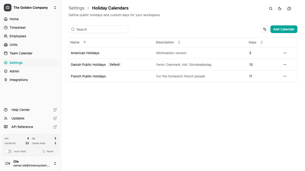 Holiday calendars list
