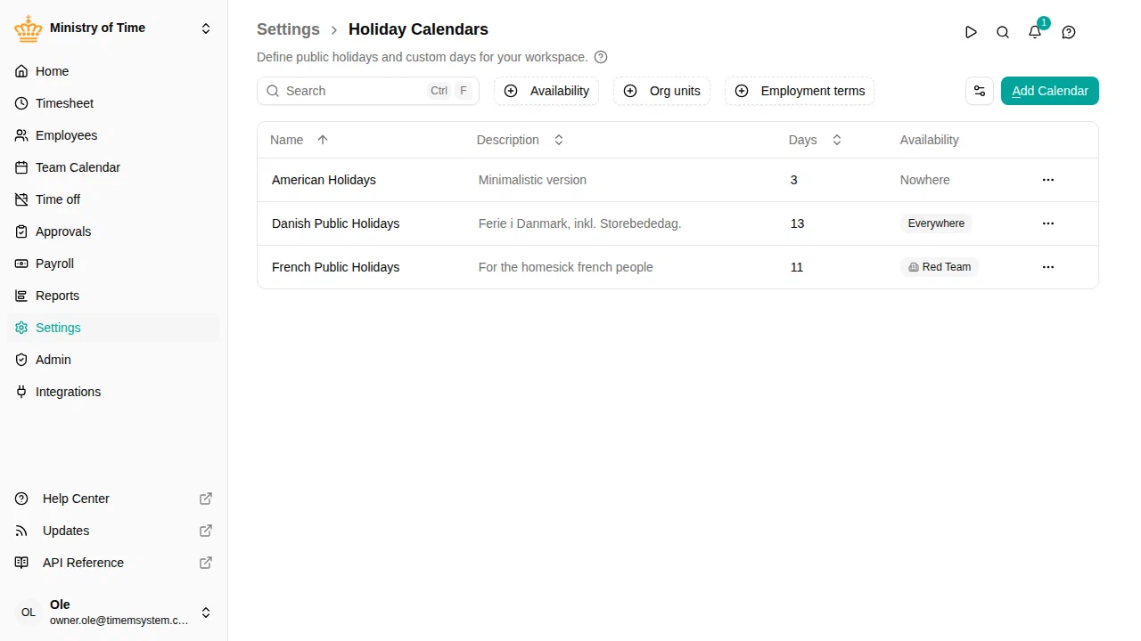 Holiday calendars list