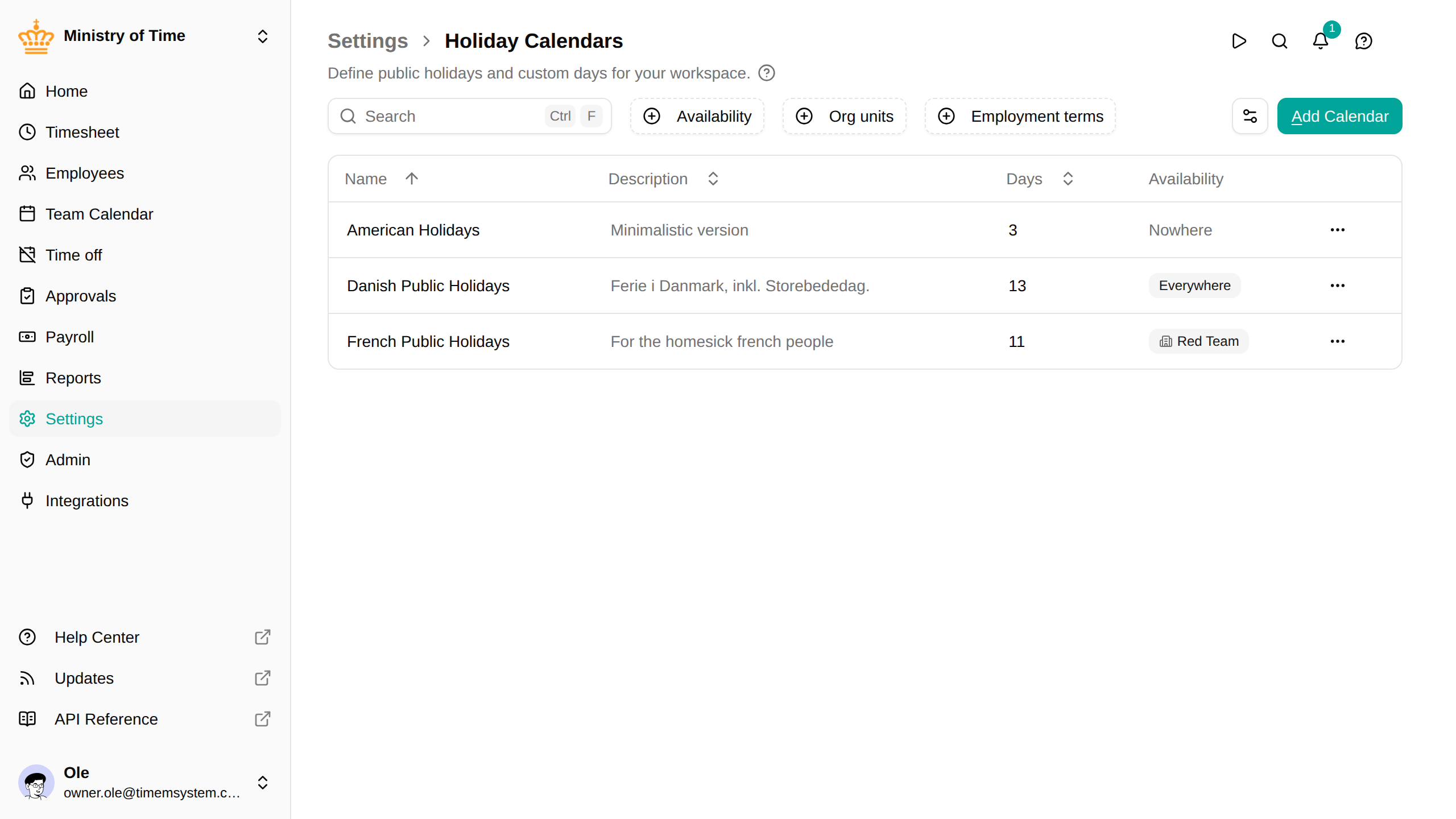 Holiday calendars list