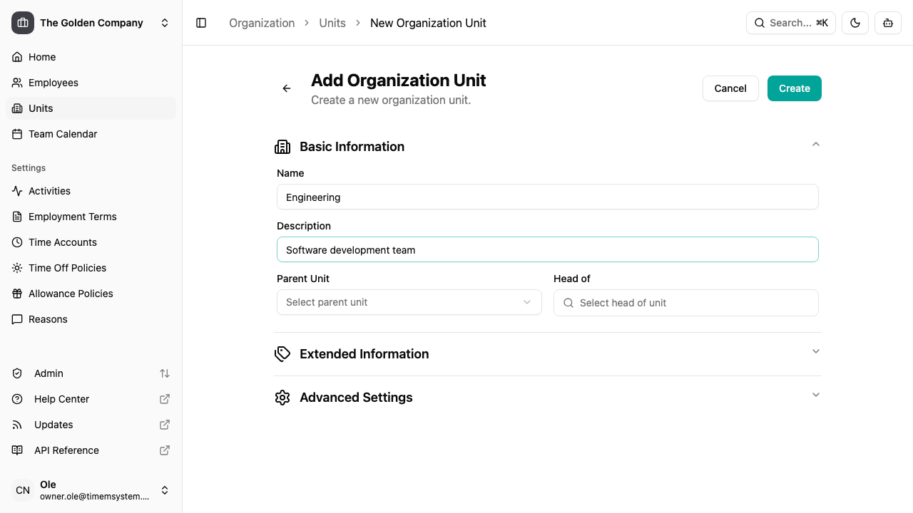 Creating an organization unit