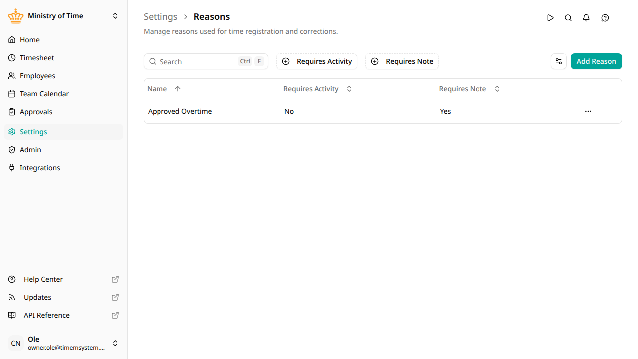 The reasons list showing the Requires activity and Requires note columns