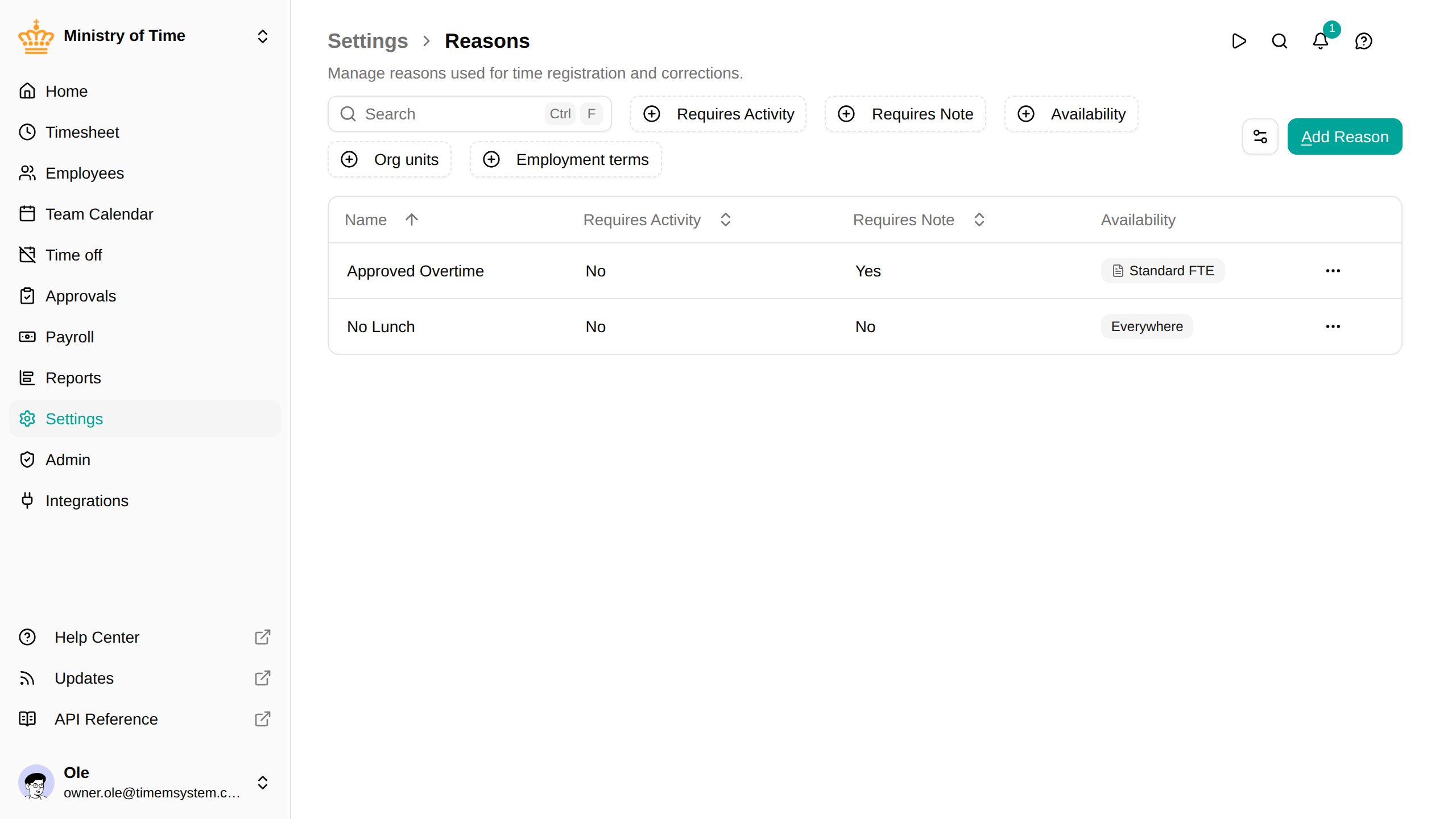 The reasons list showing the Requires activity and Requires note columns