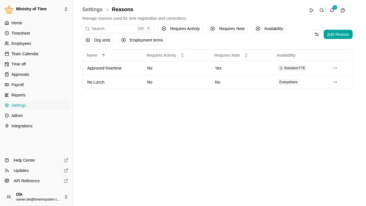 The reasons list showing the Requires activity and Requires note columns