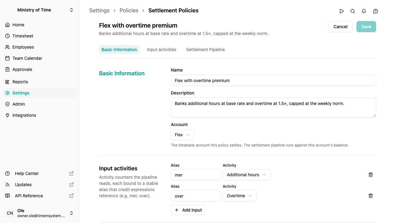 Settlement policy editor with input activities and a pipeline of steps