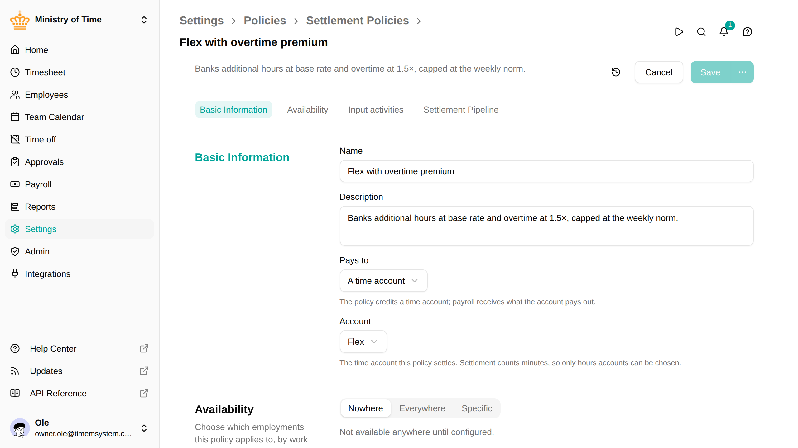 Settlement policy editor with input activities and a pipeline of steps