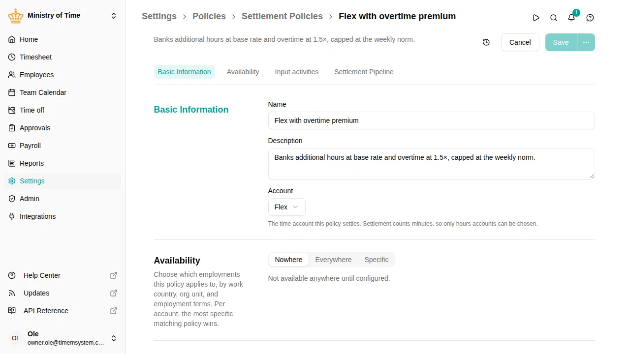 Settlement policy editor with input activities and a pipeline of steps