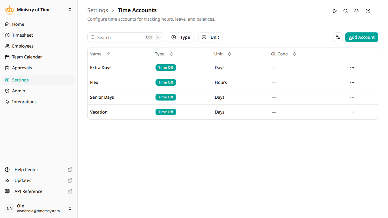 The time accounts list showing type and unit for each account